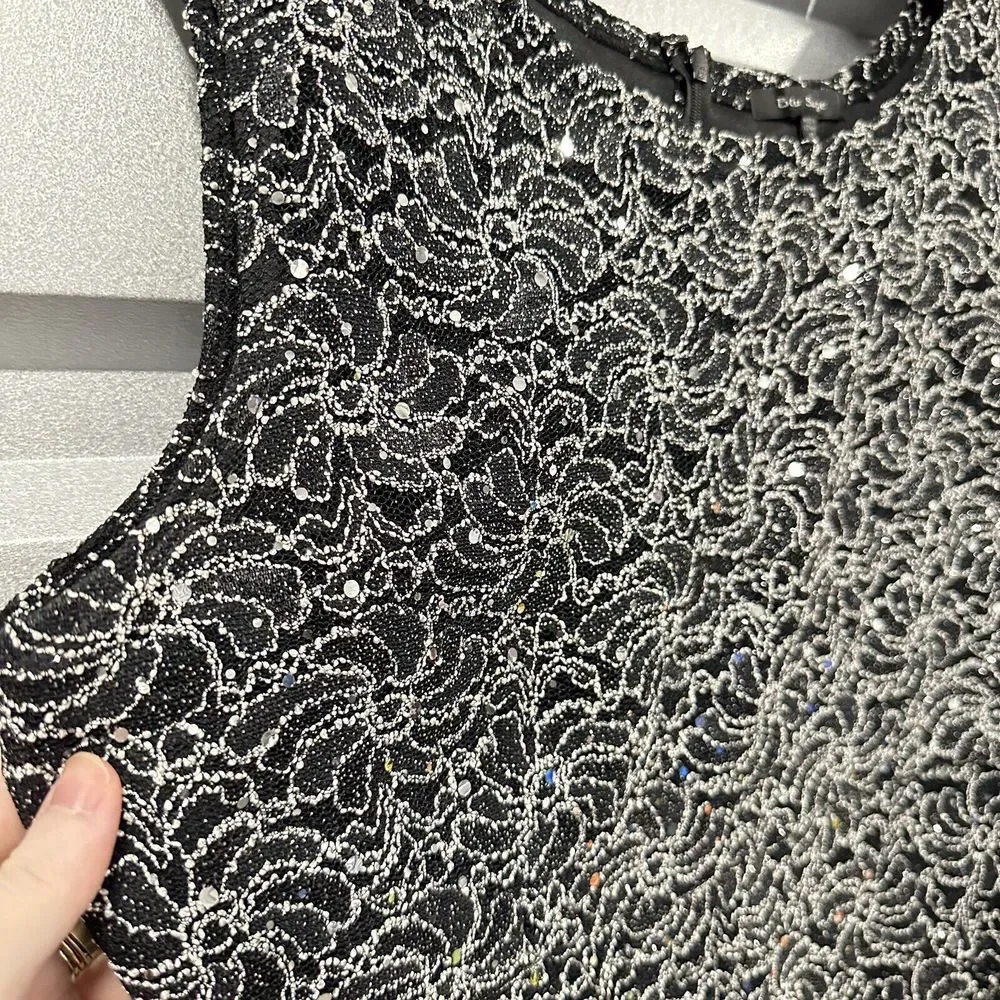Blu Sage‎ Dress Size 16 Black Silver Cocktail Sequins Metallic Threads Hi Lo Hem